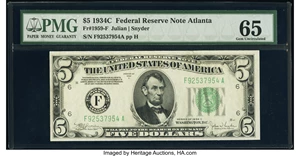 image for: Fr. 1959-F $5 1934C Federal Reserve Note. PMG Gem Uncirculated 65....