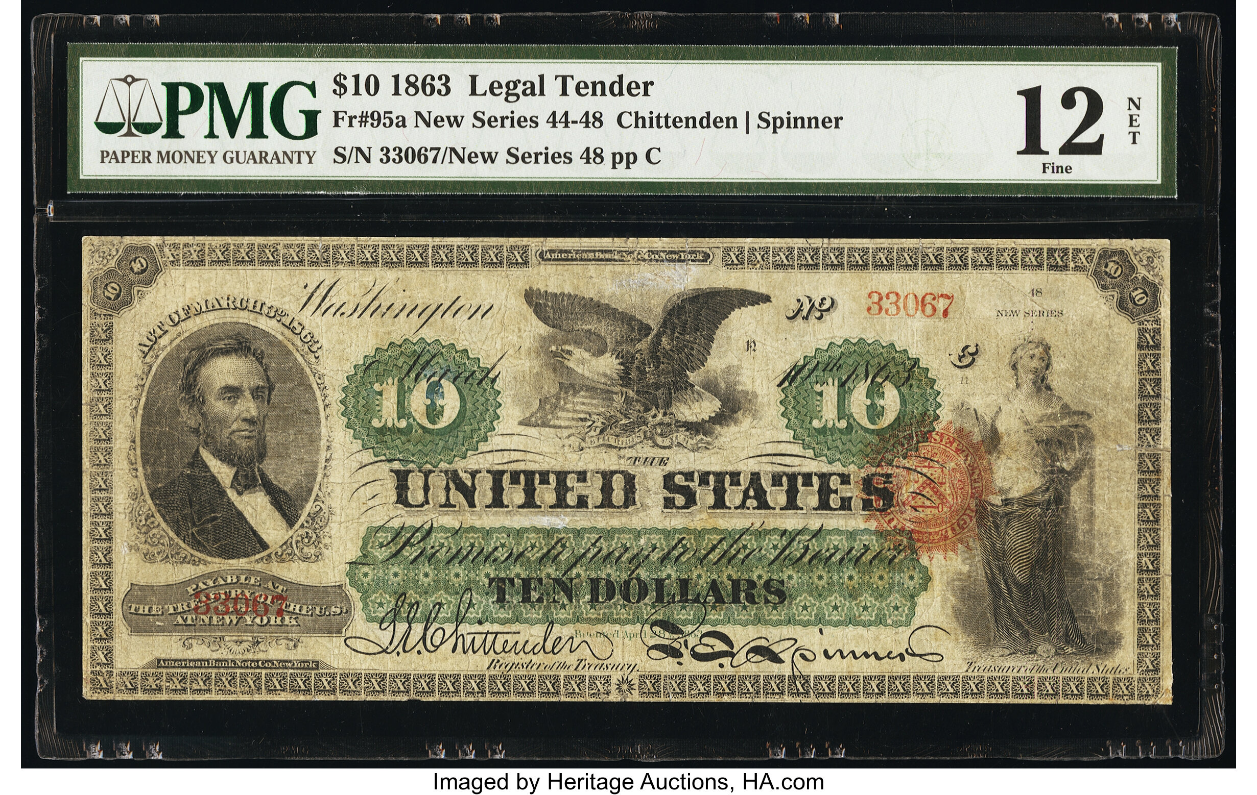 image for: Fr. 95a $10 1863 Legal Tender PMG Fine 12 Net....