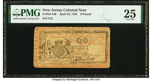 image for: New Jersey April 23, 1761 £6 PMG Very Fine 25....