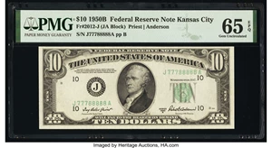 image for: Fancy Serial Number 77788888 Fr. 2012-J $10 1950B Federal Reserve Note. PMG Gem Uncirculated 65 EPQ....