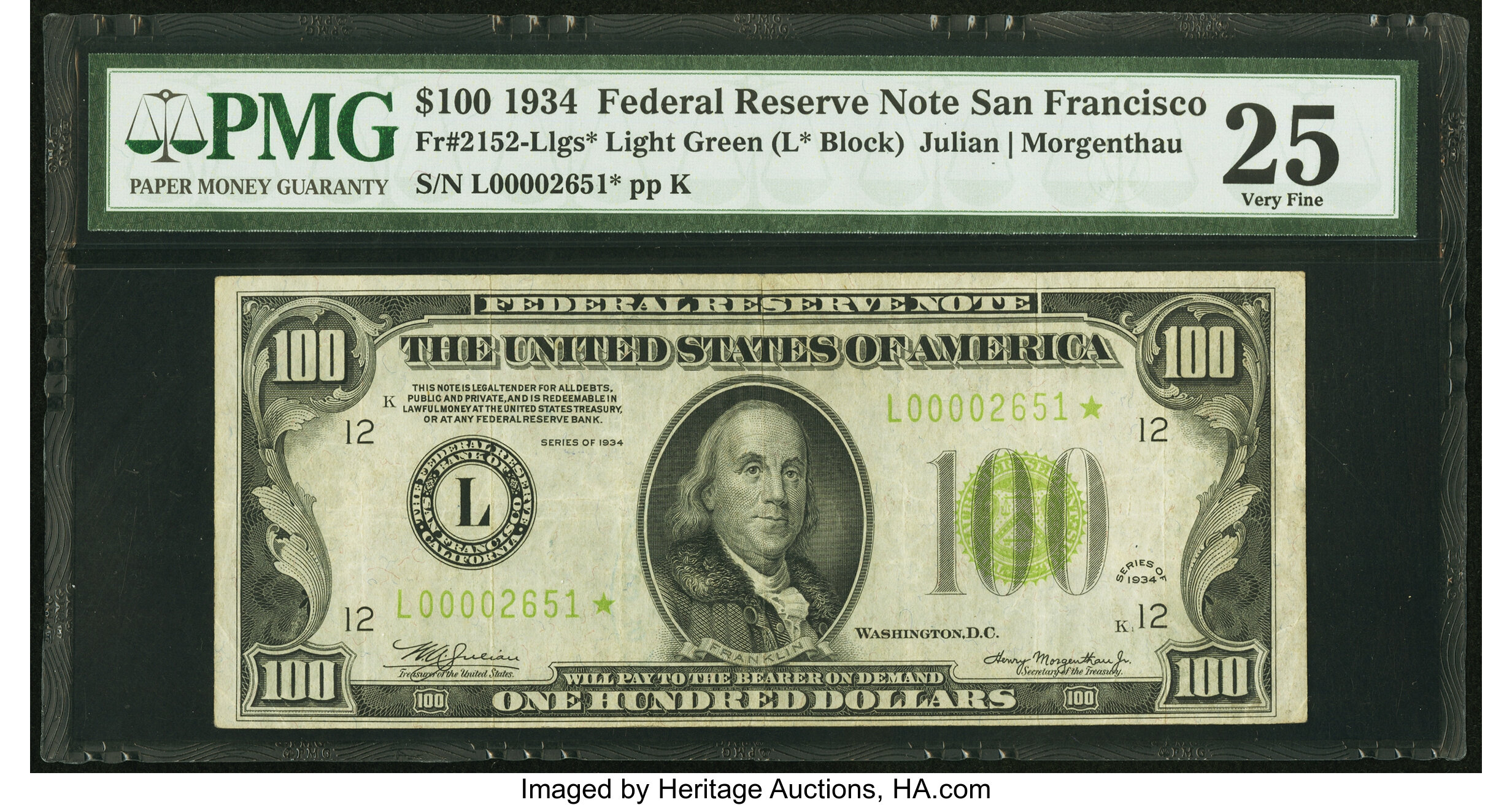 image for: Fr. 2152-L* $100 1934 Light Green Seal Federal Reserve Star Note. PMG Very Fine 25....