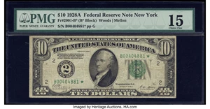 image for: Fr. 2001-B* $10 1928A Federal Reserve Star Note. PMG Choice Fine 15....