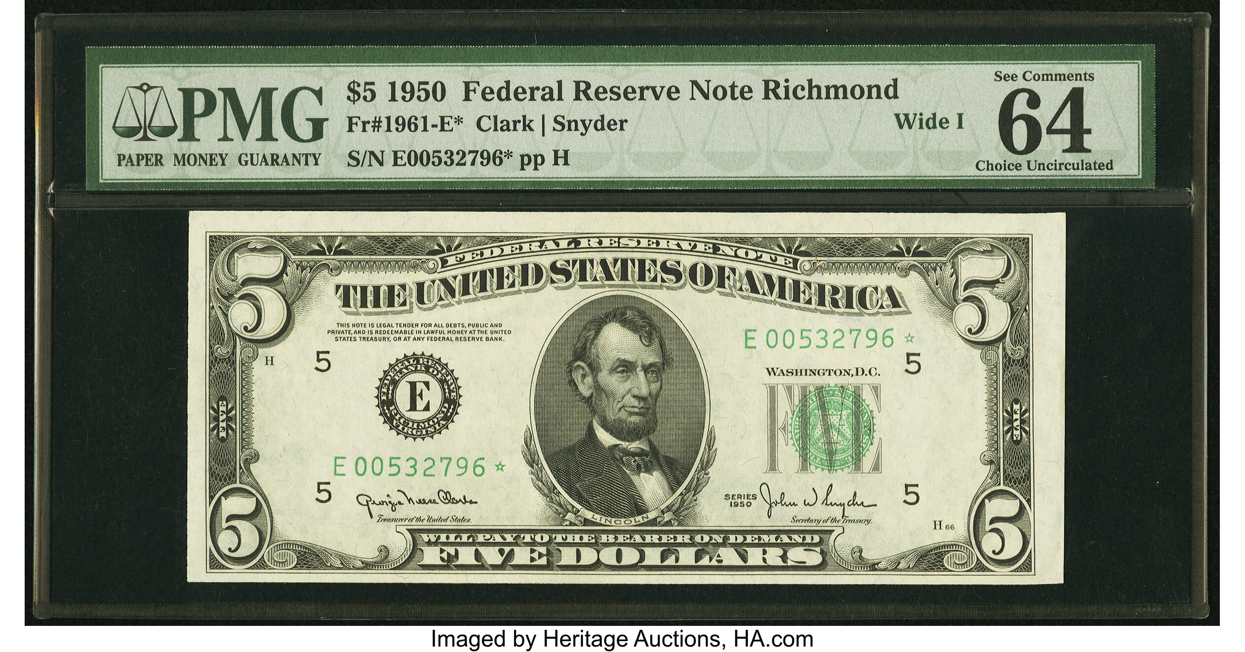 image for: Fr. 1961-E* $5 1950 Wide I Federal Reserve Star Note. PMG Choice Uncirculated 64 EPQ....