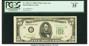 image for: Low Serial Number 818 Fr. 1961-J* $5 1950 Wide I Federal Reserve Star Note. PCGS Very Fine 35....