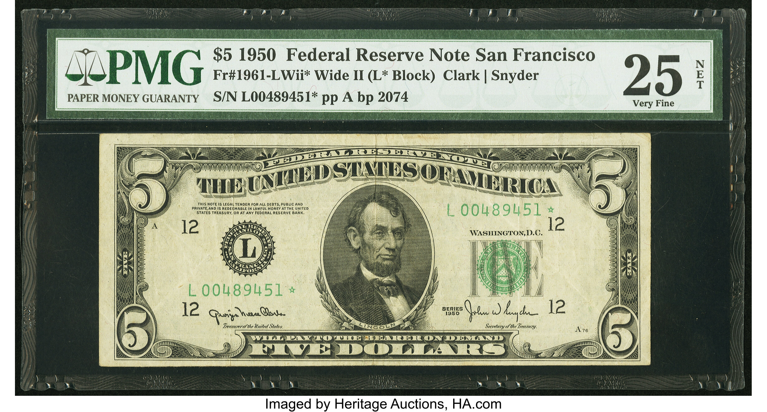 image for: Fr. 1961-L* $5 1950 Wide II Federal Reserve Star Note. PMG Very Fine 25 Net....