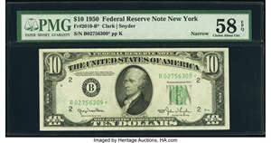 image for: Fr. 2010-B* $10 1950 Narrow Federal Reserve Star Note. PMG Choice About Unc 58 EPQ....
