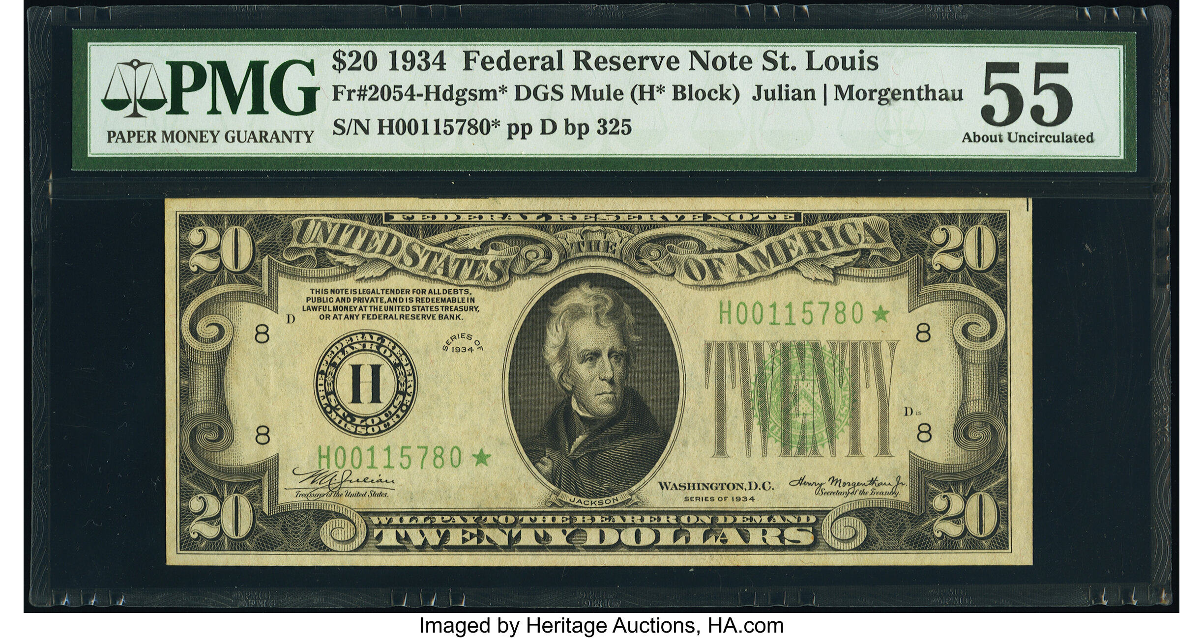 image for: Fr. 2054-H* $20 1934 Dark Green Seal Mule Federal Reserve Star Note. PMG About Uncirculated 55....