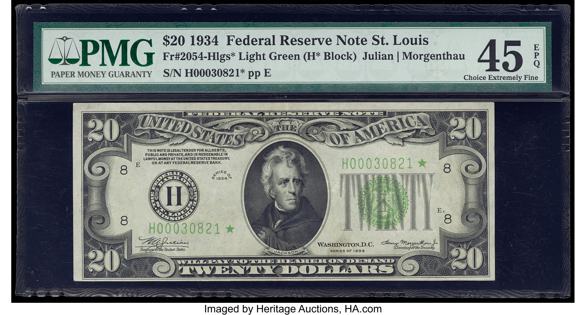 image for: Fr. 2054-H* $20 1934 Light Green Seal Federal Reserve Star Note. PMG Choice Extremely Fine 45 EPQ....