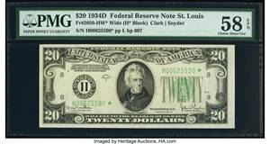 image for: Fr. 2058-H* $20 1934D Wide Federal Reserve Star Note. PMG Choice About Unc 58 EPQ....