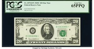 image for: Fr. 2070-D* $20 1969C Federal Reserve Star Note. PCGS Gem New 65PPQ....