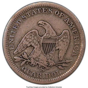 image for: 1856-S/S 25C Large Over Small S, Fine 15 PCGS. PCGS Population: (1/2 and 0/0+). NGC Census: (1/2 and 0/0+). CDN: $1,300 Whs...