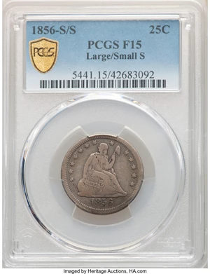 image for: 1856-S/S 25C Large Over Small S, Fine 15 PCGS. PCGS Population: (1/2 and 0/0+). NGC Census: (1/2 and 0/0+). CDN: $1,300 Whs...