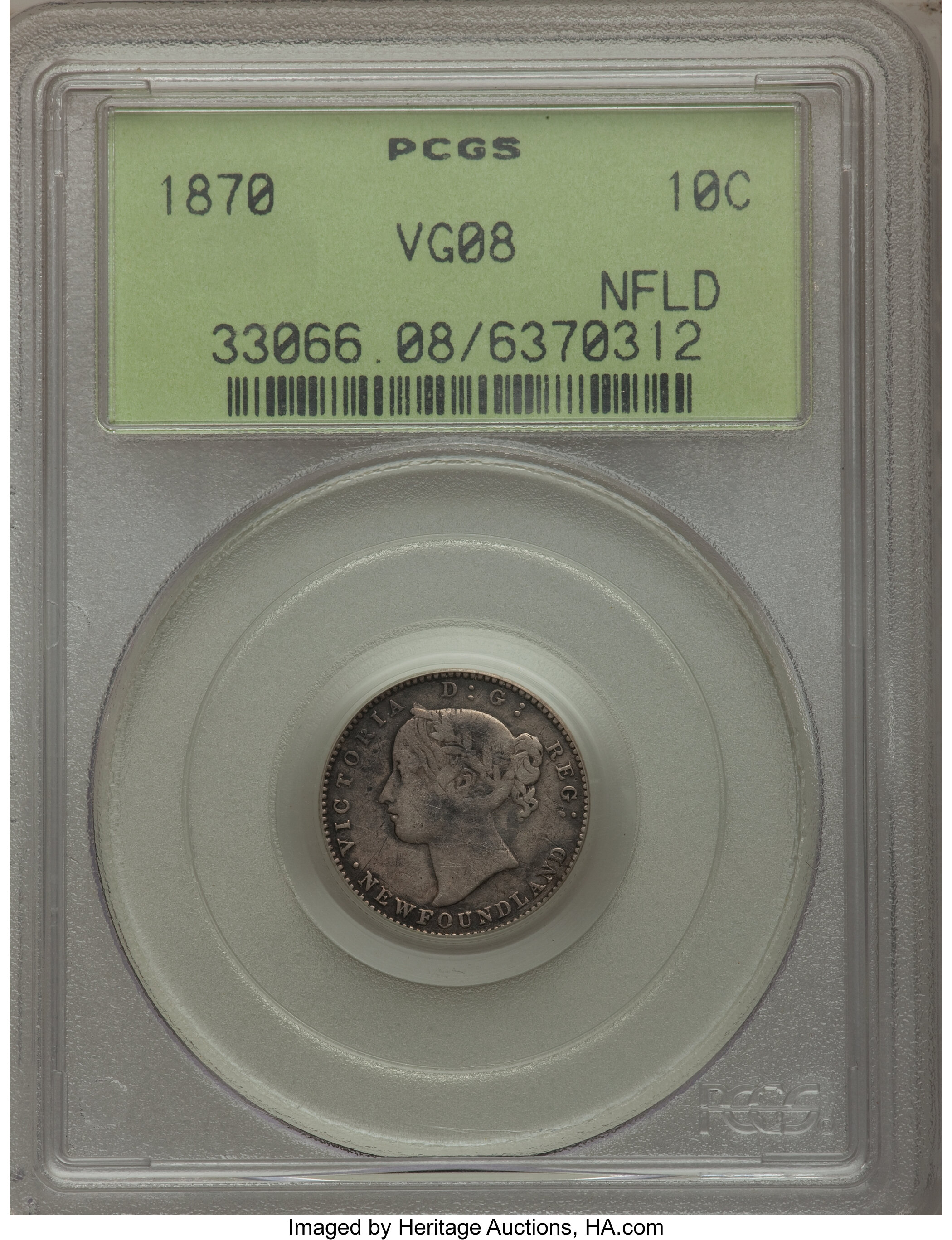 image for: Newfoundland. Victoria 10 Cents 1870 VG8 PCGS