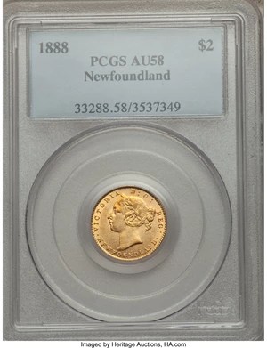 image for: Newfoundland. Victoria gold 2 Dollars 1888 AU58 PCGS