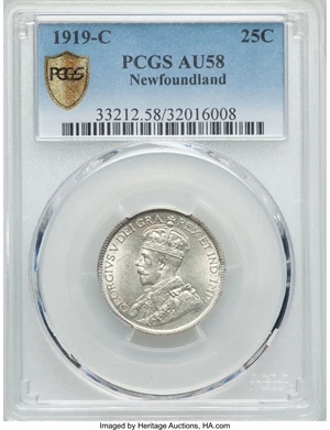 image for: Newfoundland. George V 25 Cents 1919-C AU58 PCGS