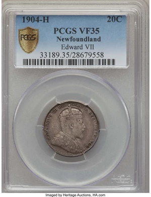 image for: Newfoundland. Edward VII 20 Cents 1904-H VF35 PCGS