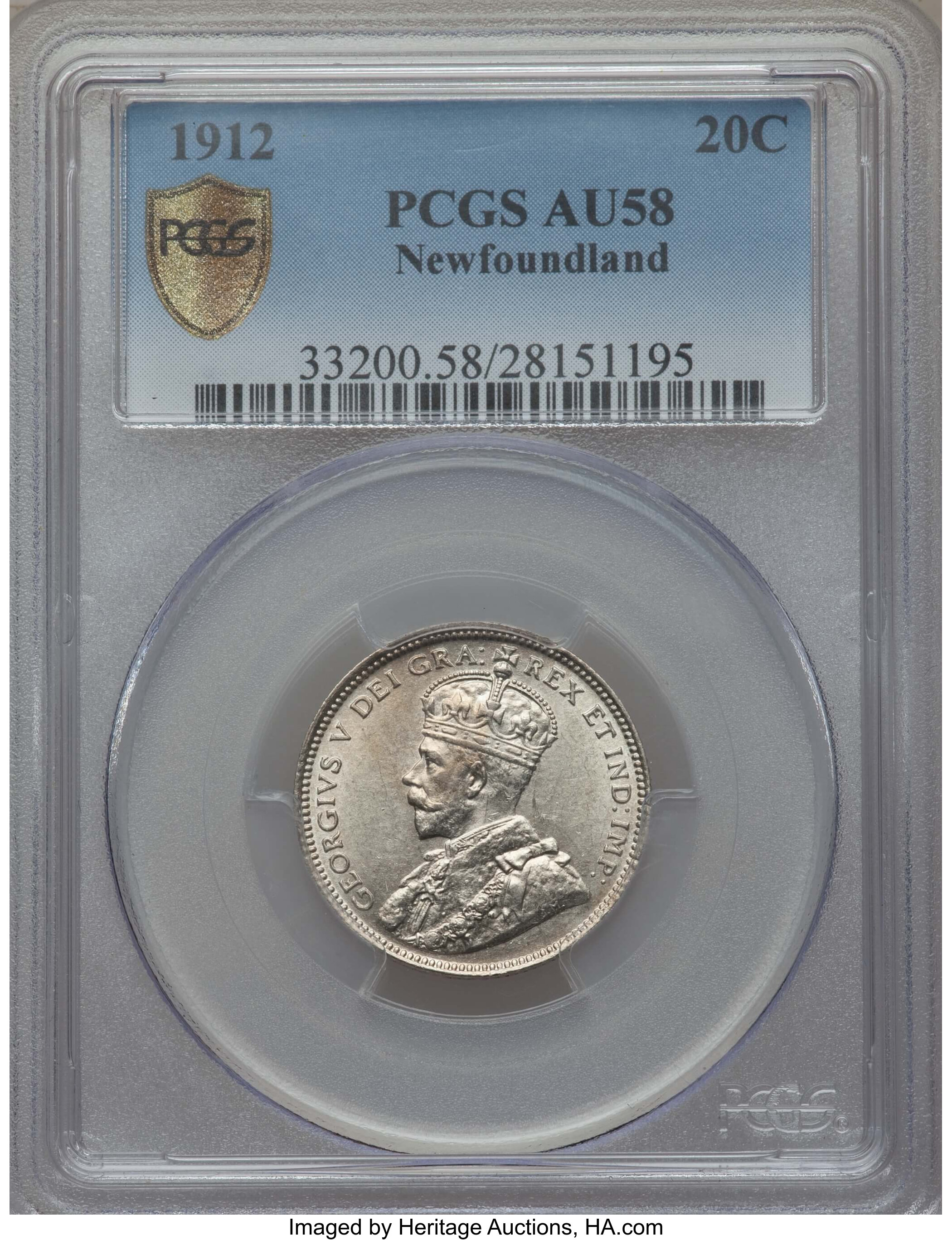 image for: Newfoundland. George V 20 Cents 1912 AU58 PCGS