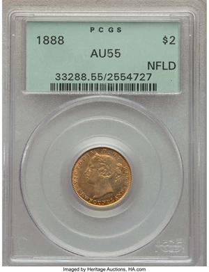 image for: Newfoundland. Victoria gold 2 Dollars 1888 AU55 PCGS