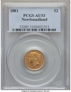 image for: Newfoundland. Victoria gold 2 Dollars 1881 AU53 PCGS