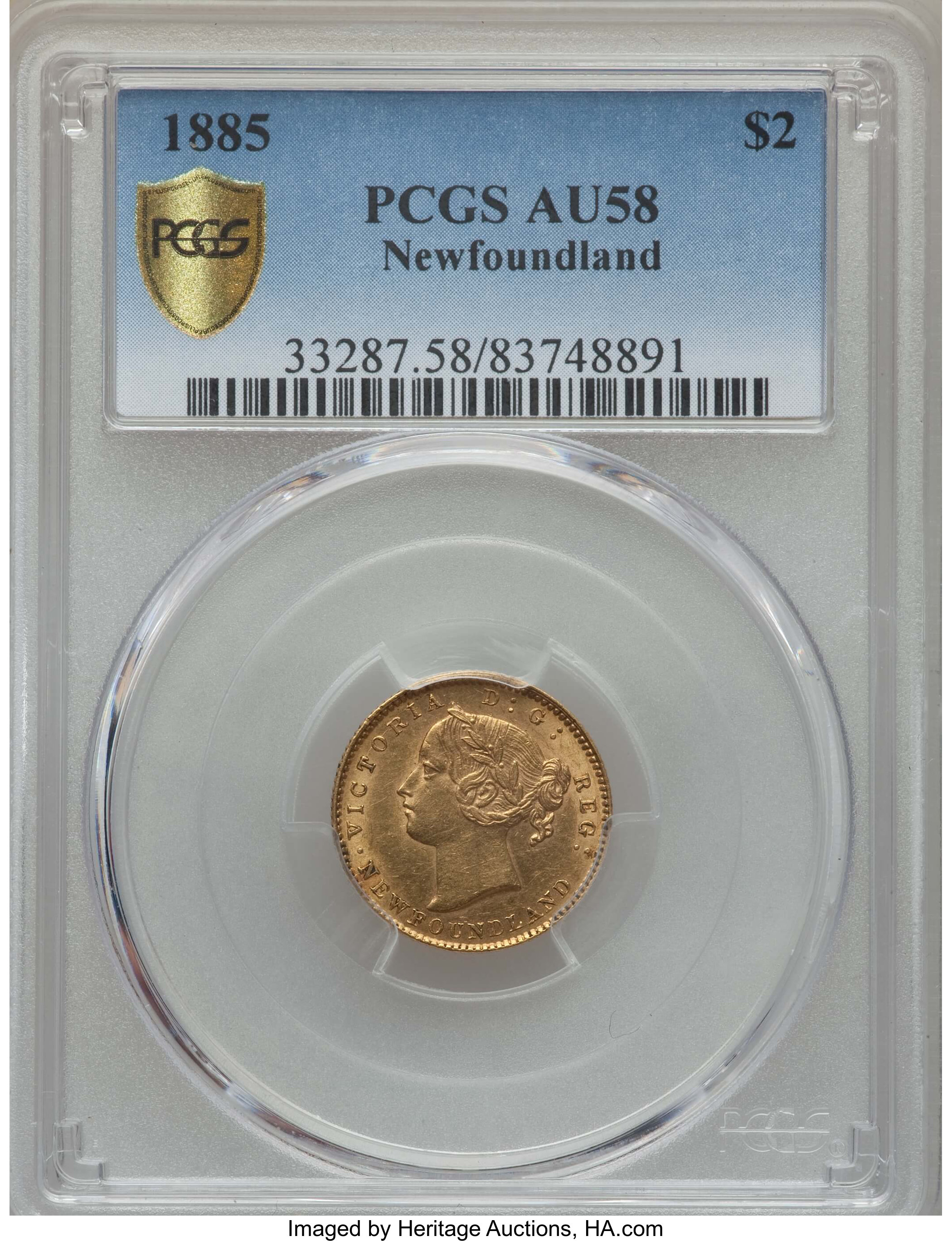 image for: Newfoundland. Victoria gold 2 Dollars 1885 AU58 PCGS