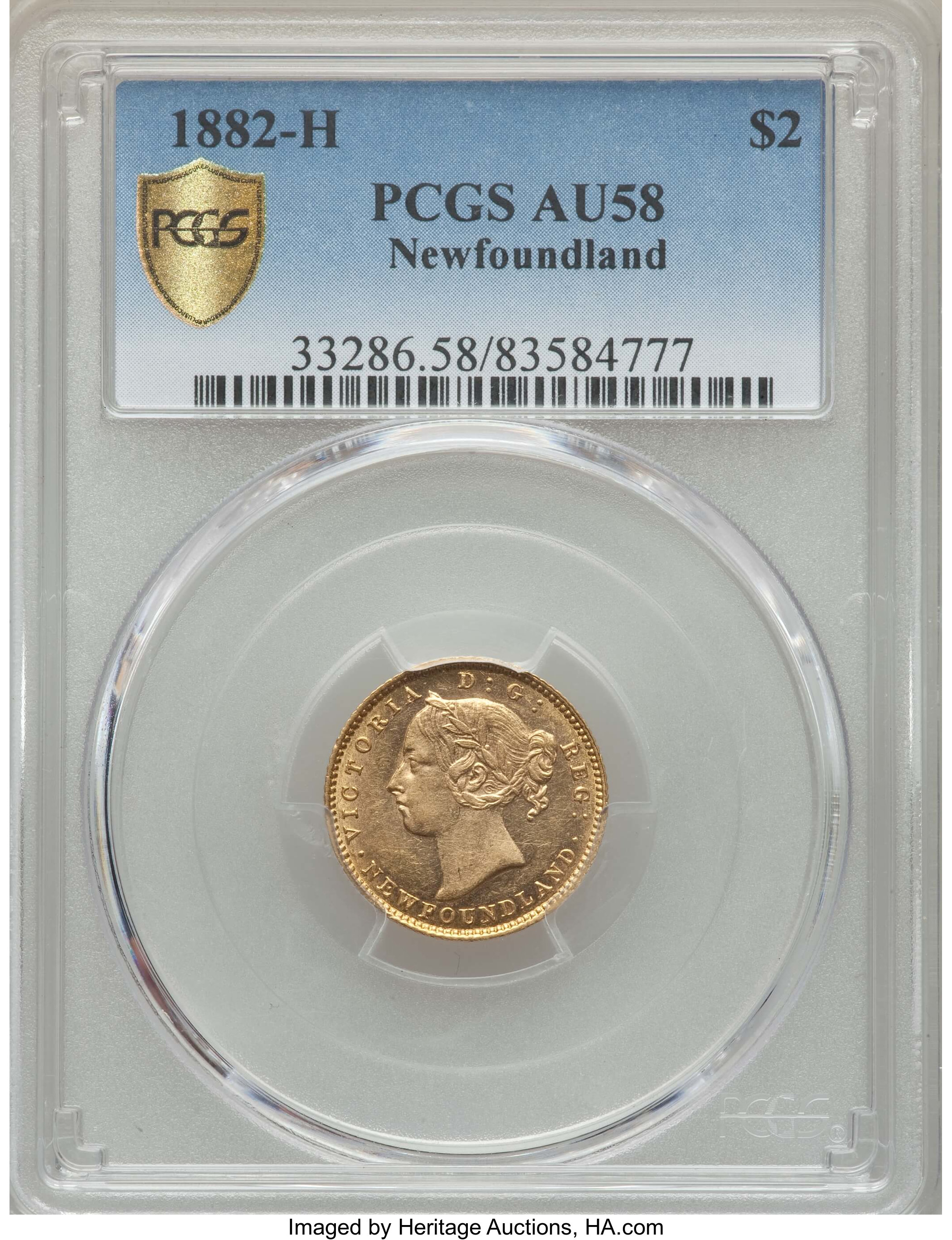 image for: Newfoundland. Victoria gold 2 Dollars 1882-H AU58 PCGS