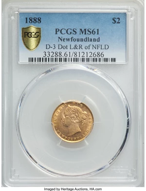 image for: Newfoundland. Victoria gold 2 Dollars 1888 MS61 PCGS