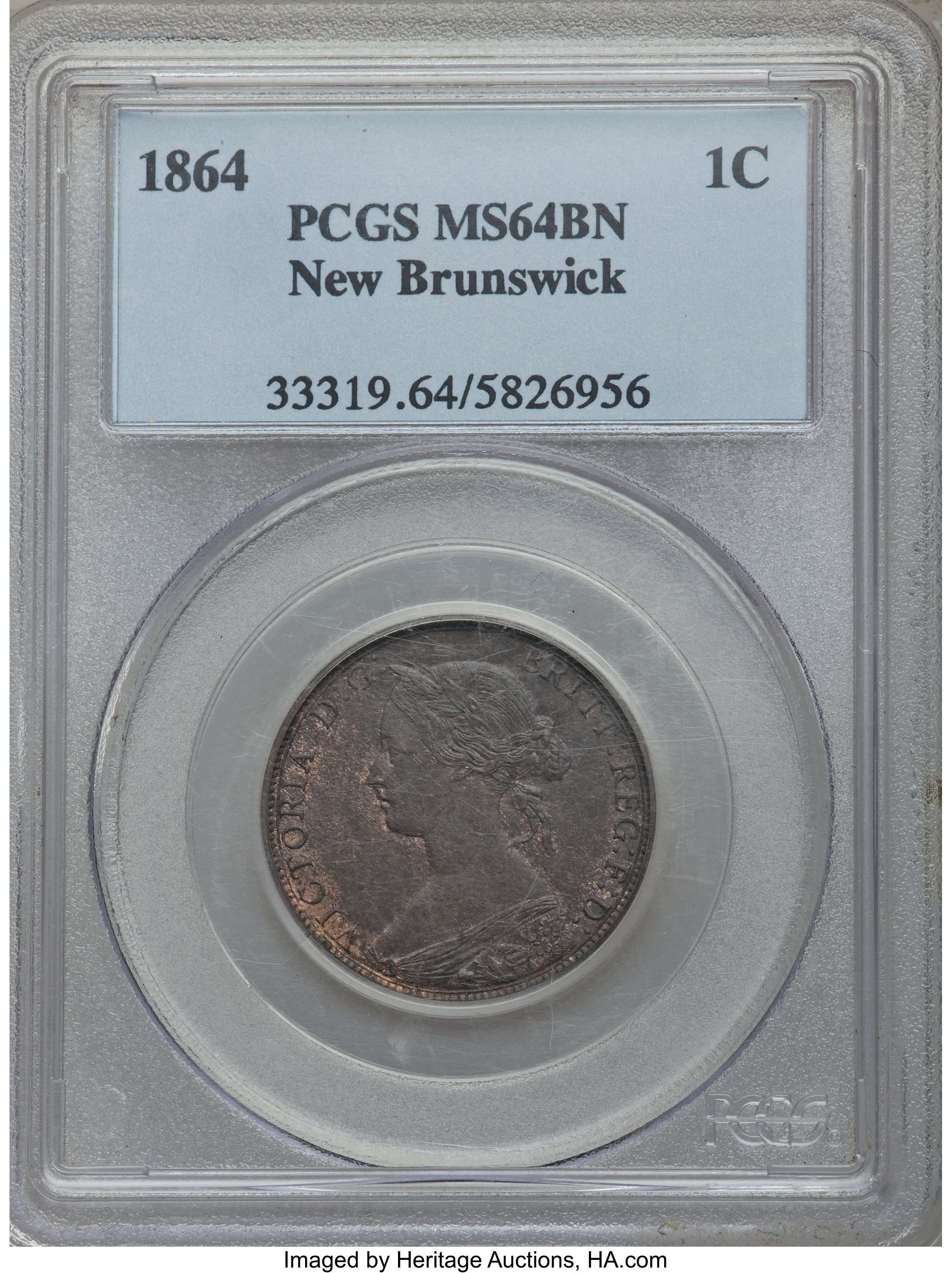 image for: New Brunswick. Victoria Tall 6 Cent 1864 MS64 Brown PCGS