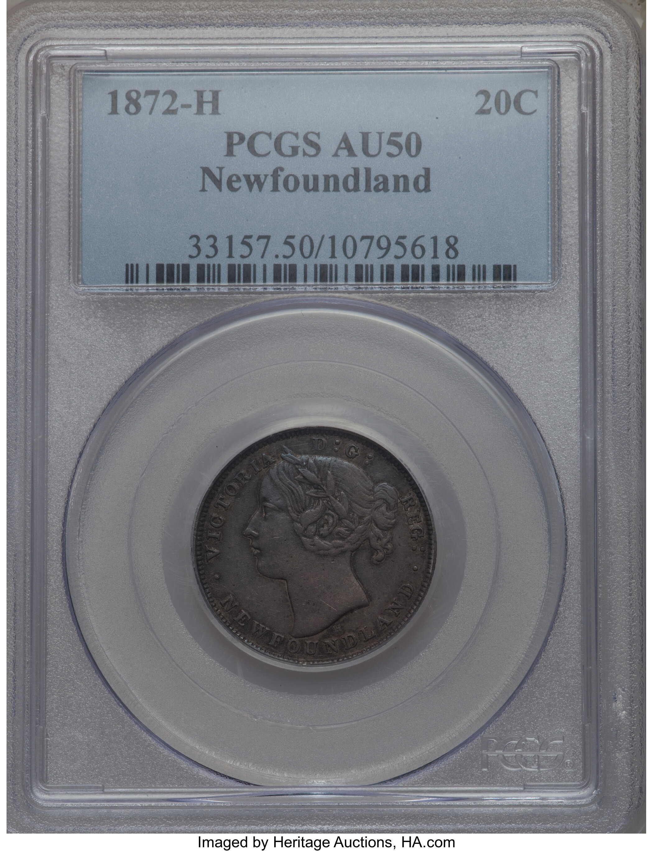 image for: Newfoundland. Victoria 20 Cents 1872-H AU50 PCGS
