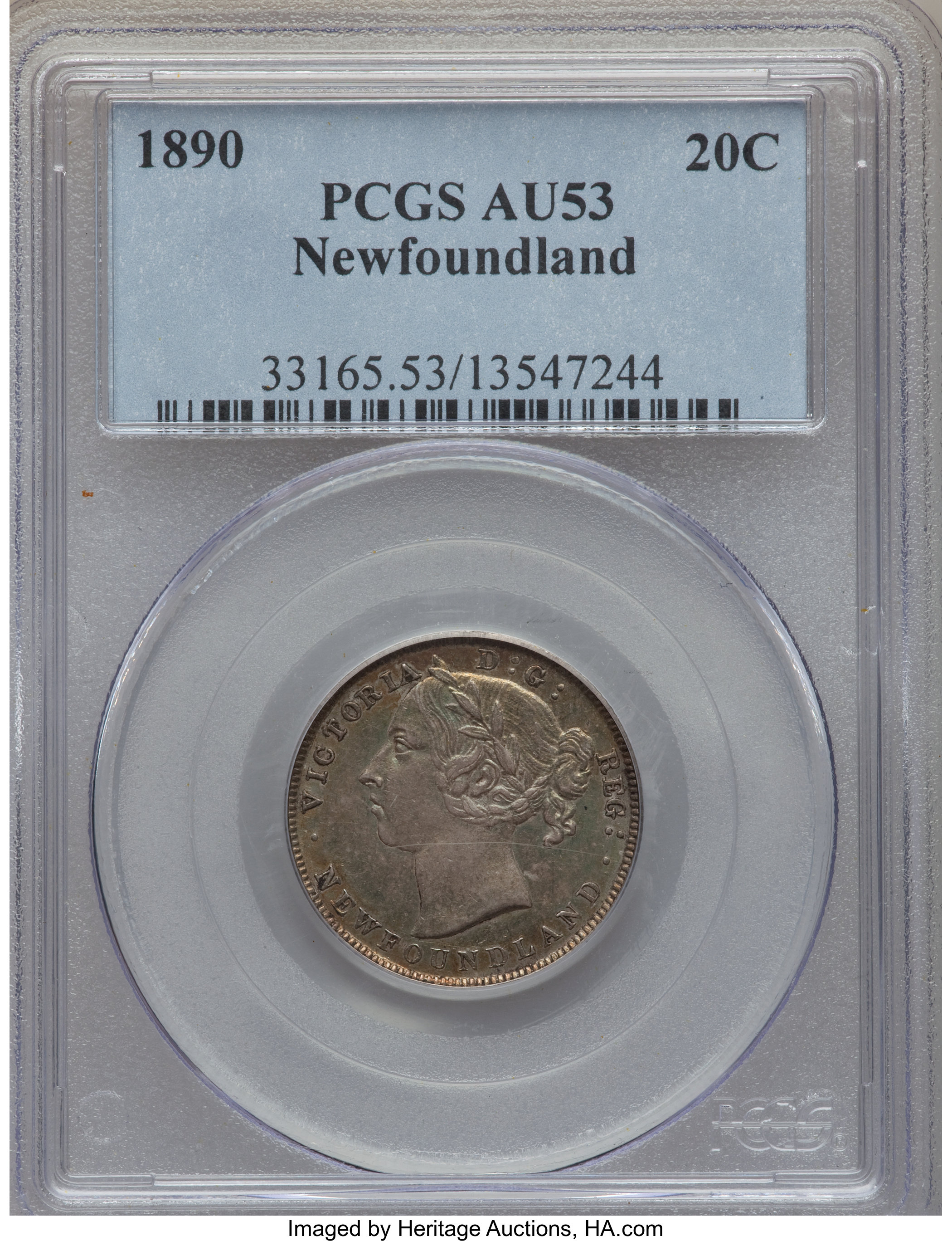 image for: Newfoundland. Victoria 20 Cents 1890 AU53 PCGS