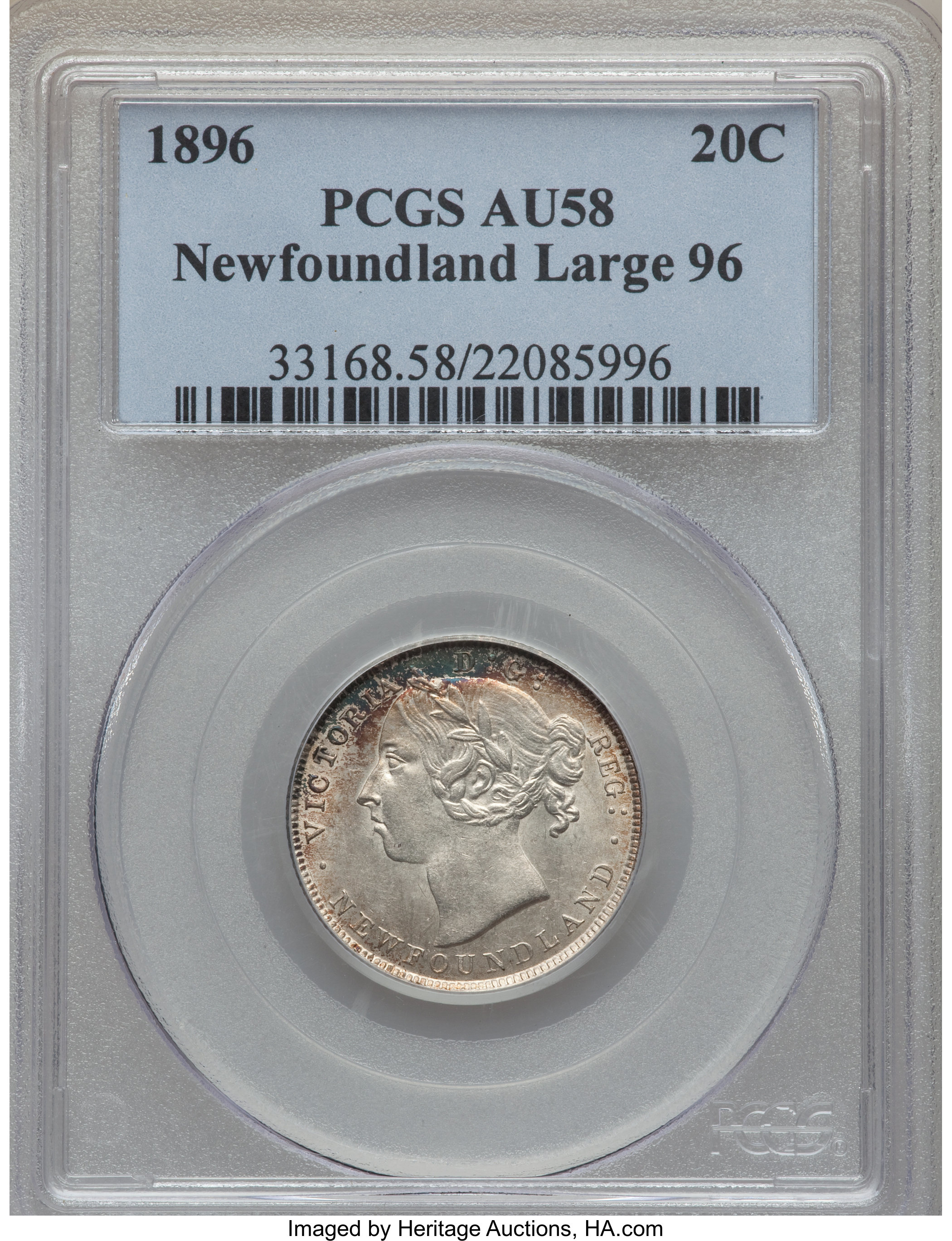 image for: Newfoundland. Victoria "Large 96" 20 Cents 1896 AU58 PCGS