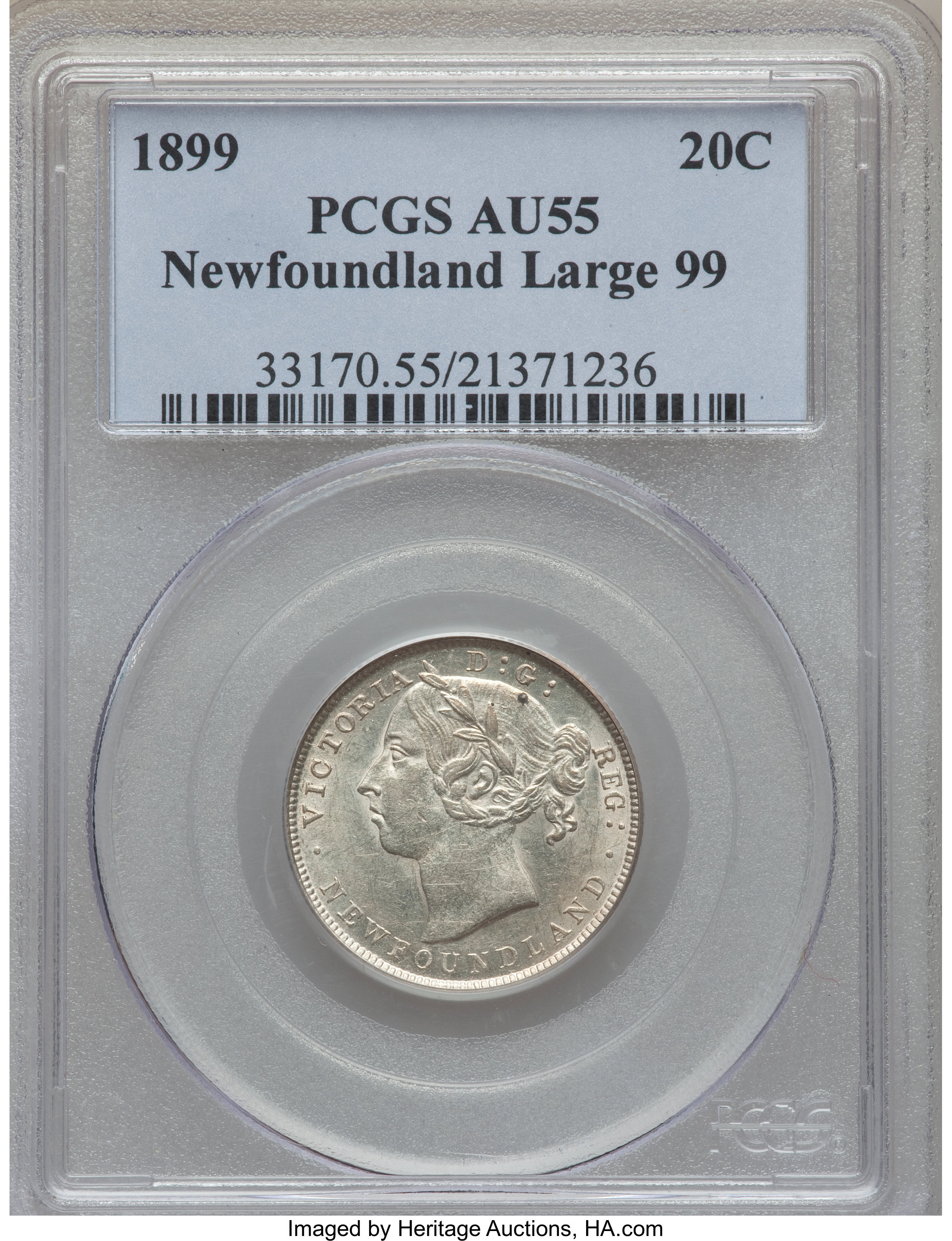 image for: Newfoundland. Victoria "Large 99" 20 Cents 1899 AU55 PCGS