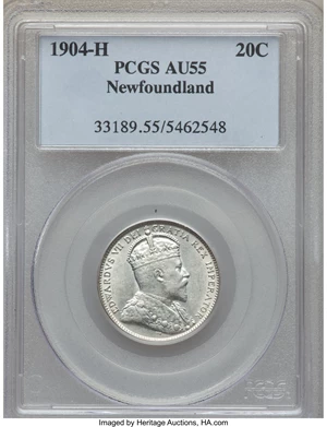 image for: Newfoundland. Edward VII 20 Cents 1904-H AU55 PCGS