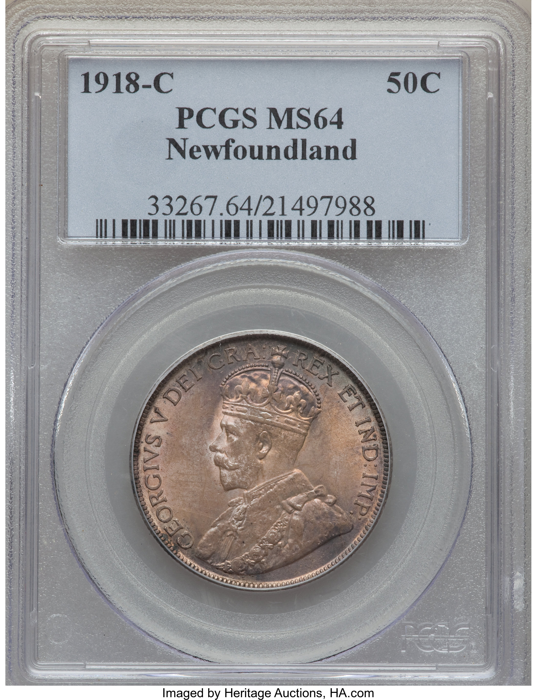 image for: Newfoundland. George V 50 Cents 1918-C MS64 PCGS