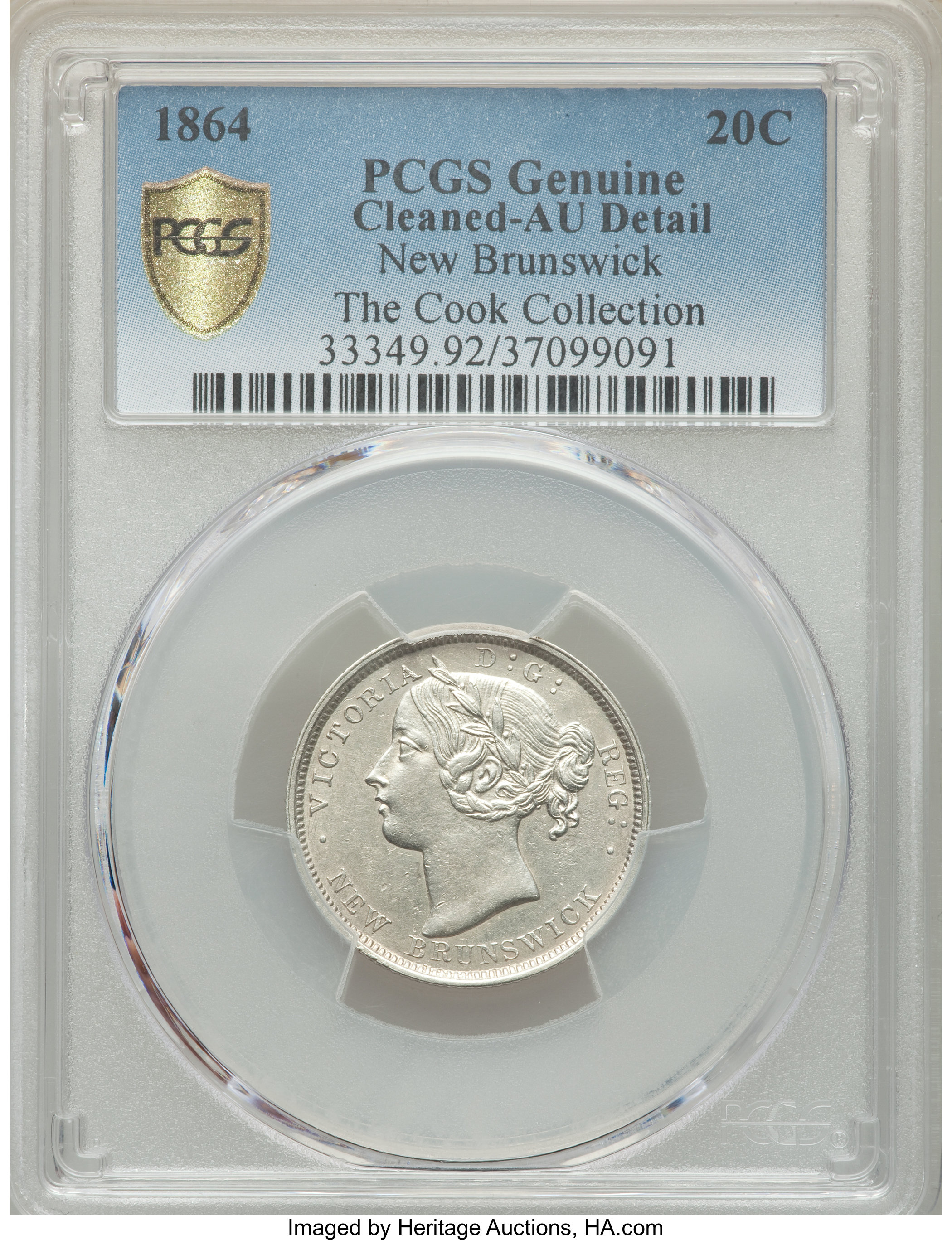 image for: New Brunswick. Victoria 20 Cents 1864 AU Details (Cleaned) PCGS