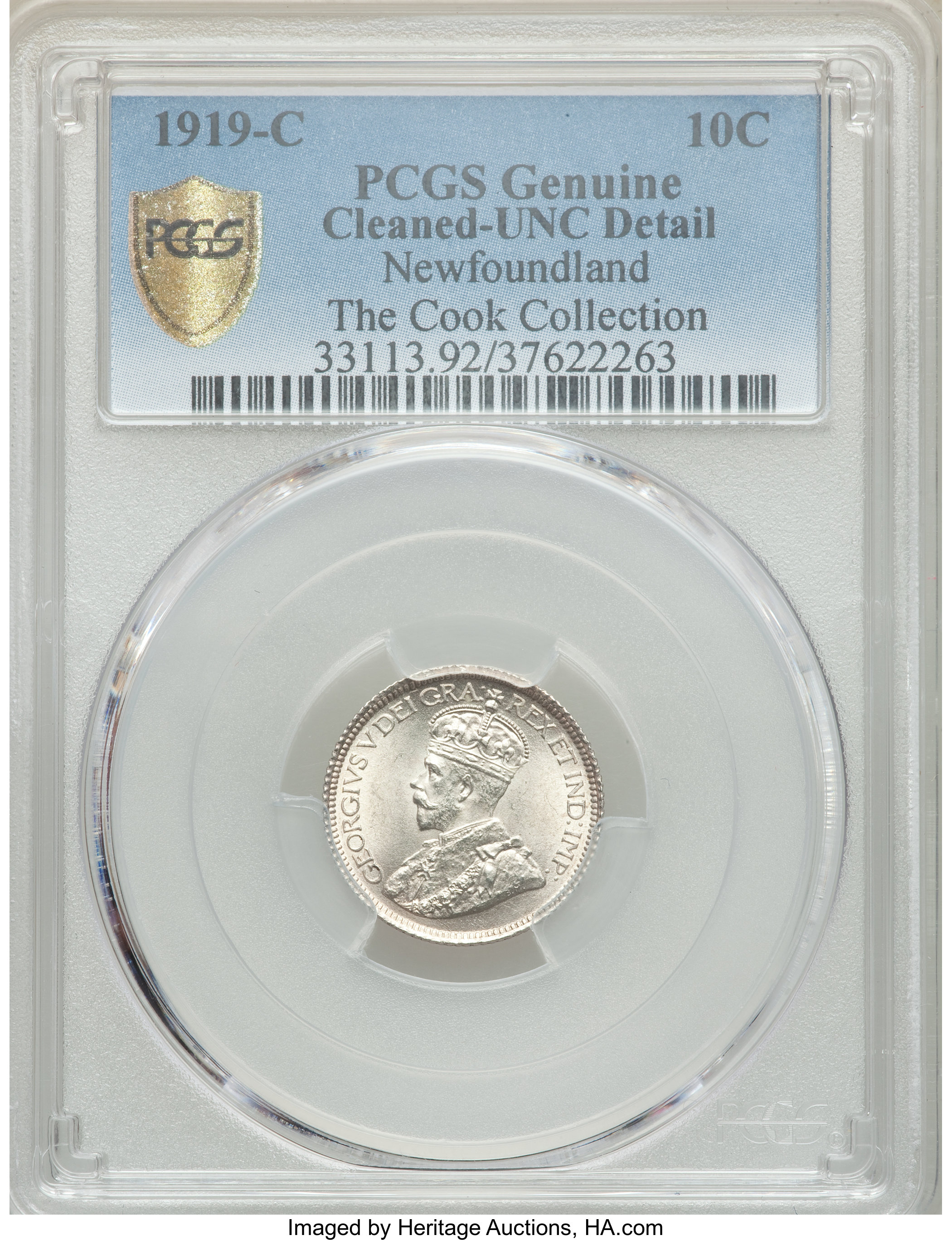 image for: Newfoundland. George V 10 Cents 1919-C UNC Details (Cleaned) PCGS