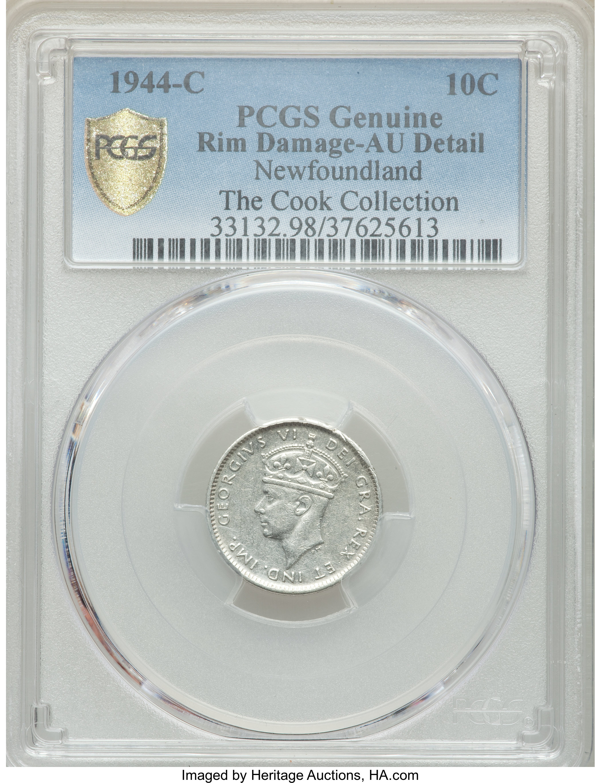 image for: Newfoundland. George VI 10 Cents 1944-C AU Details (Rim Damage) PCGS
