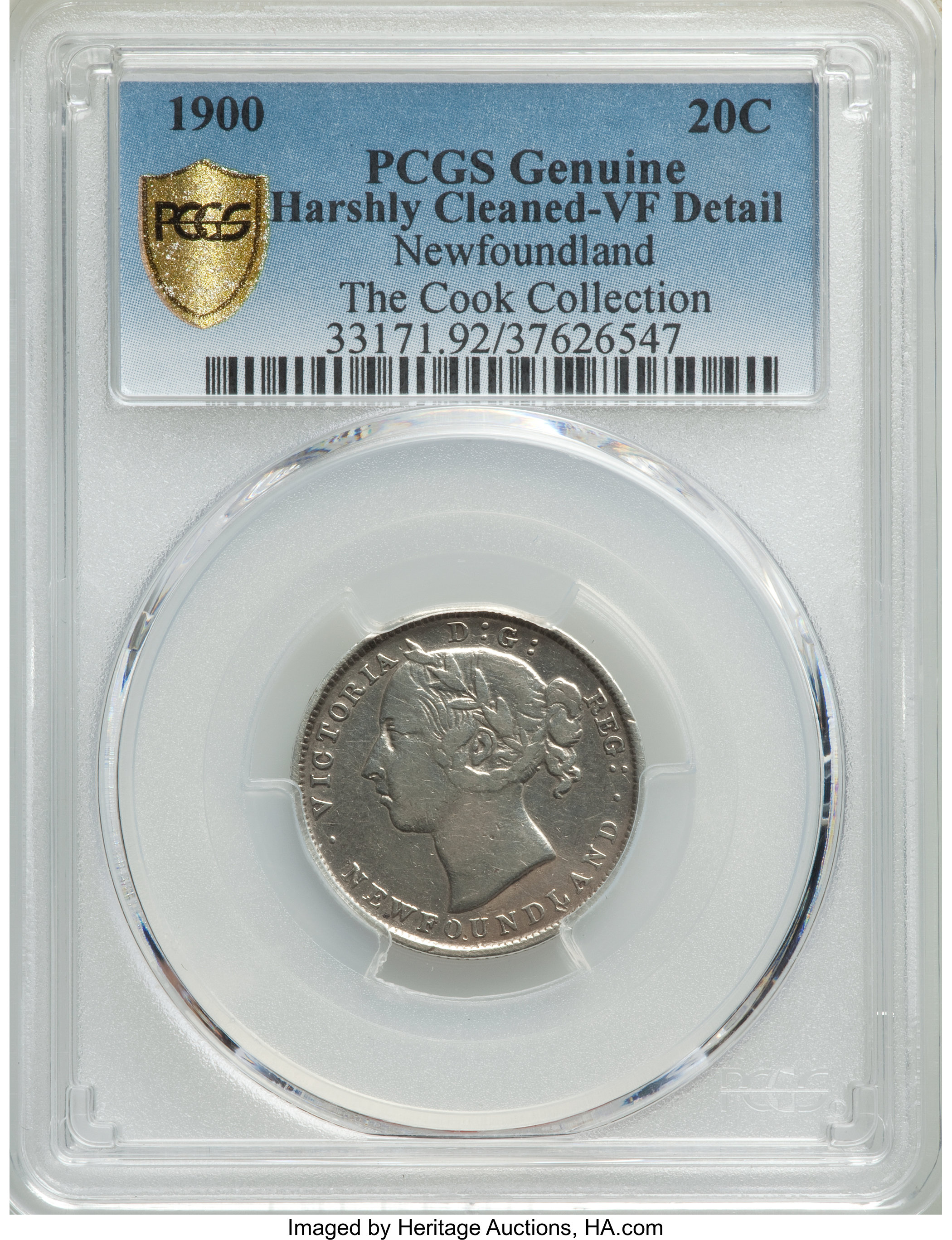 image for: Newfoundland. Victoria 20 Cents 1900 VF Details (Harshly Cleaned) PCGS