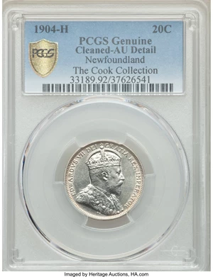 image for: Newfoundland. Edward VII 20 Cents 1904-H AU Details (Cleaned) PCGS
