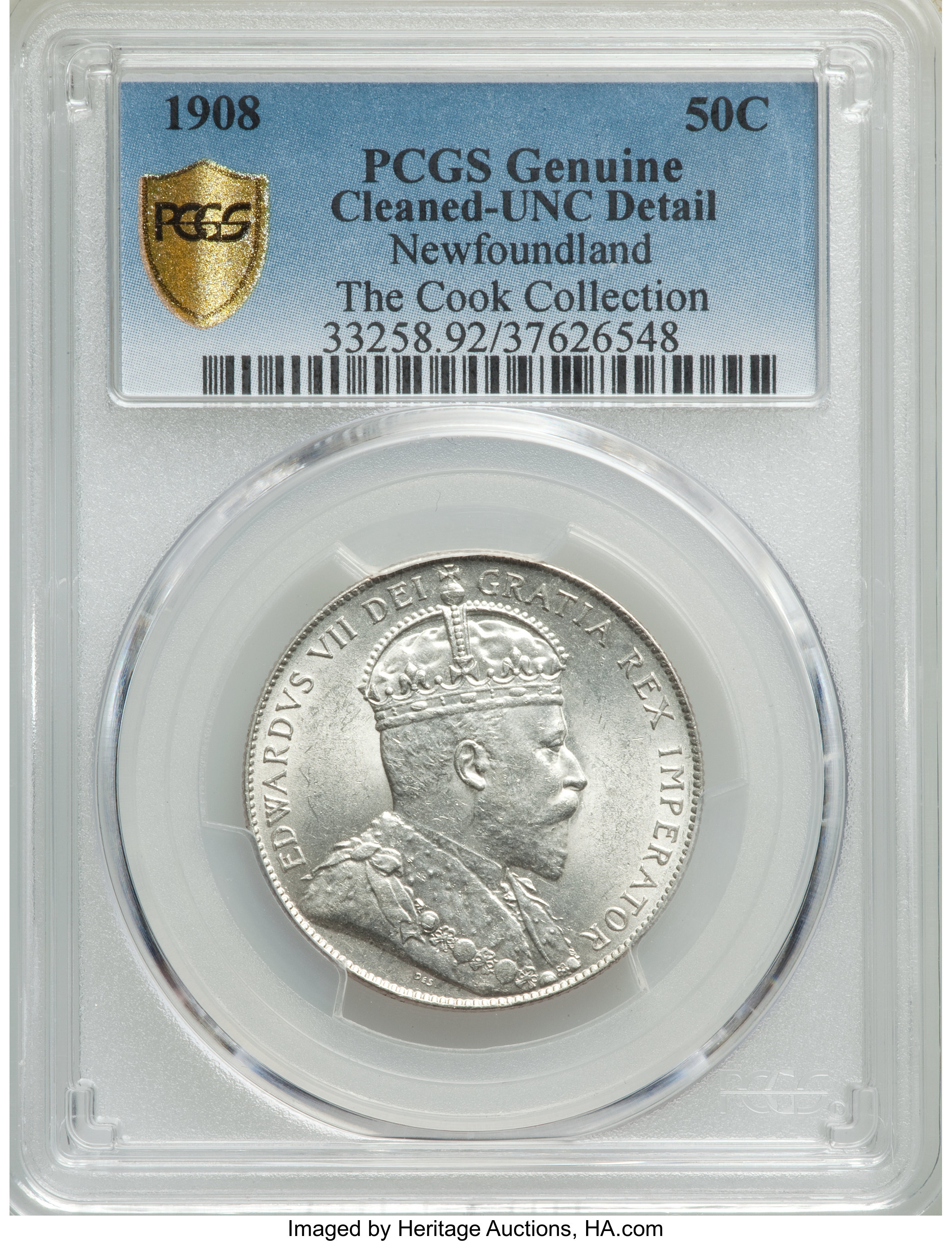 image for: Newfoundland. Edward VII 50 Cents 1908 UNC Details (Cleaned) PCGS