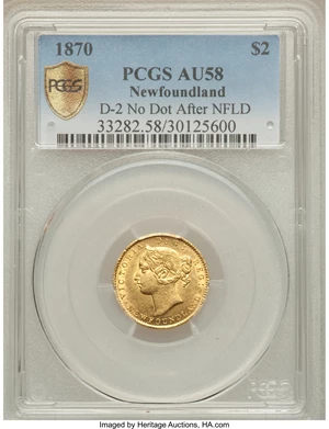 image for: Newfoundland. Victoria gold 2 Dollars 1870 AU58 PCGS