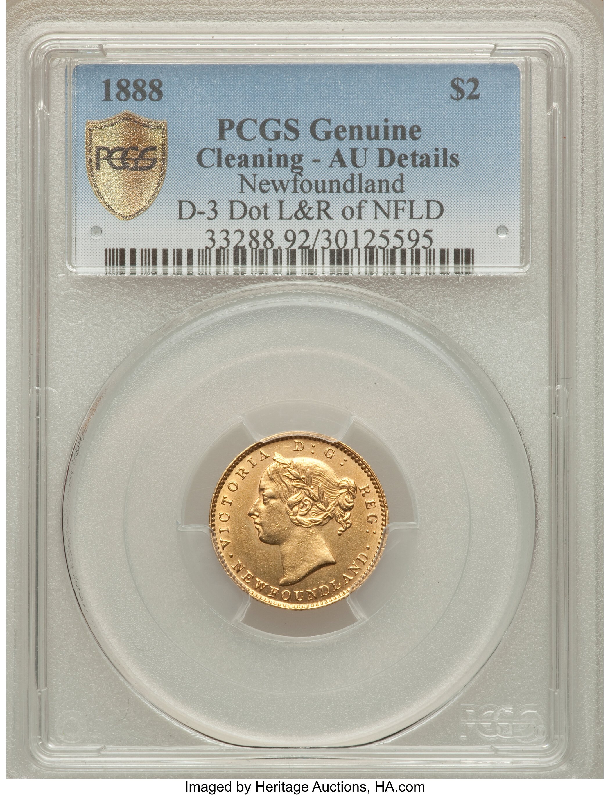 image for: Newfoundland. Victoria gold 2 Dollars 1888 AU Details (Cleaned) PCGS