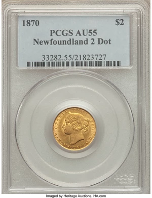 image for: Newfoundland. Victoria gold 2 Dollars 1870 AU55 PCGS