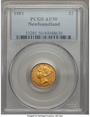 image for: Newfoundand. Victoria gold 2 Dollars 1881 AU50 PCGS