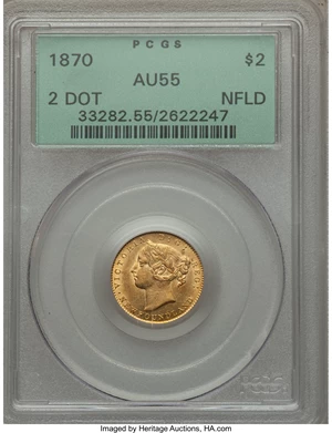 image for: Newfoundland. Victoria gold 2 Dollars 1870 AU55 PCGS