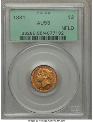 image for: Newfoundland. Victoria gold 2 Dollars 1881 AU55 PCGS