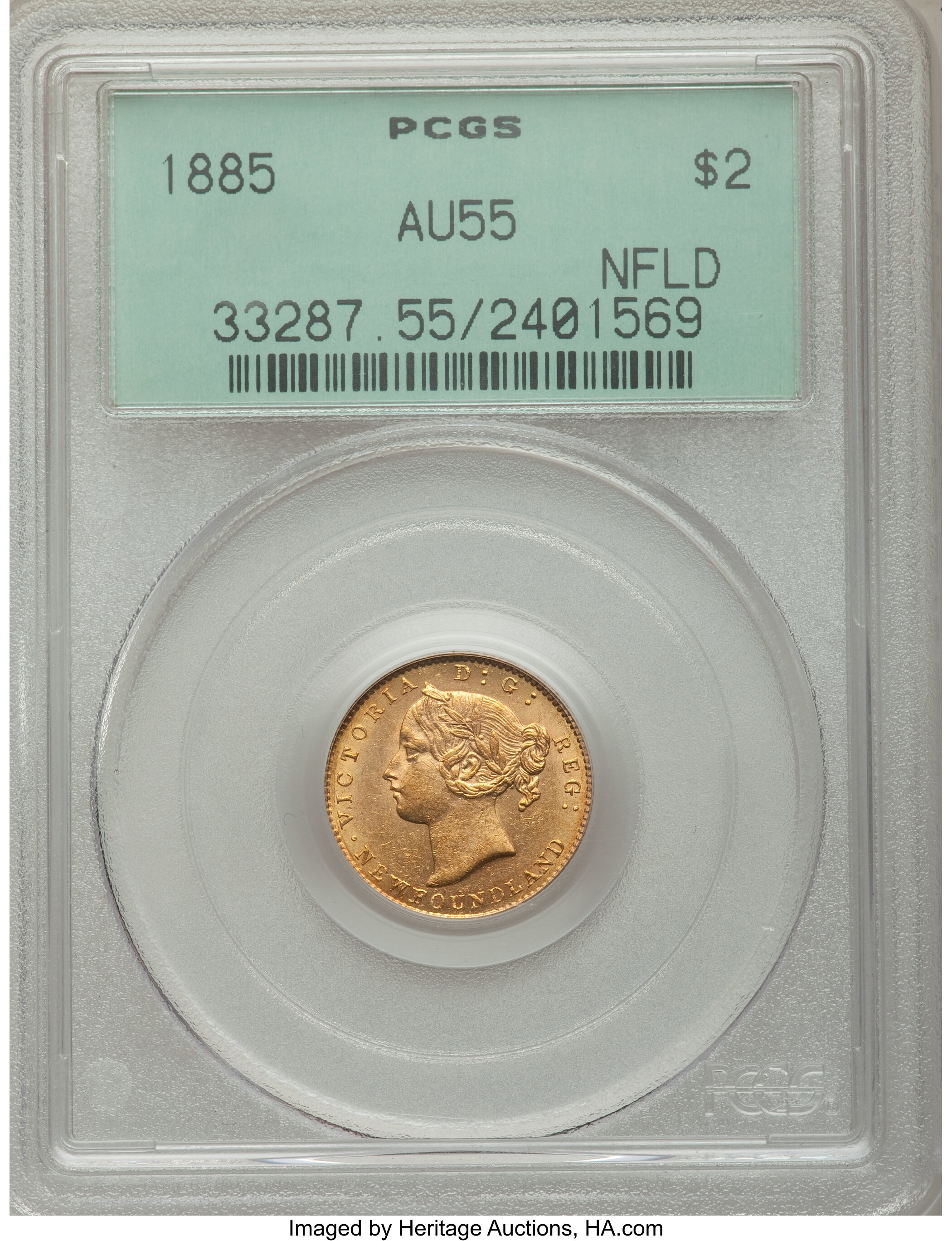 image for: Newfoundland. Victoria gold 2 Dollars 1885 AU55 PCGS