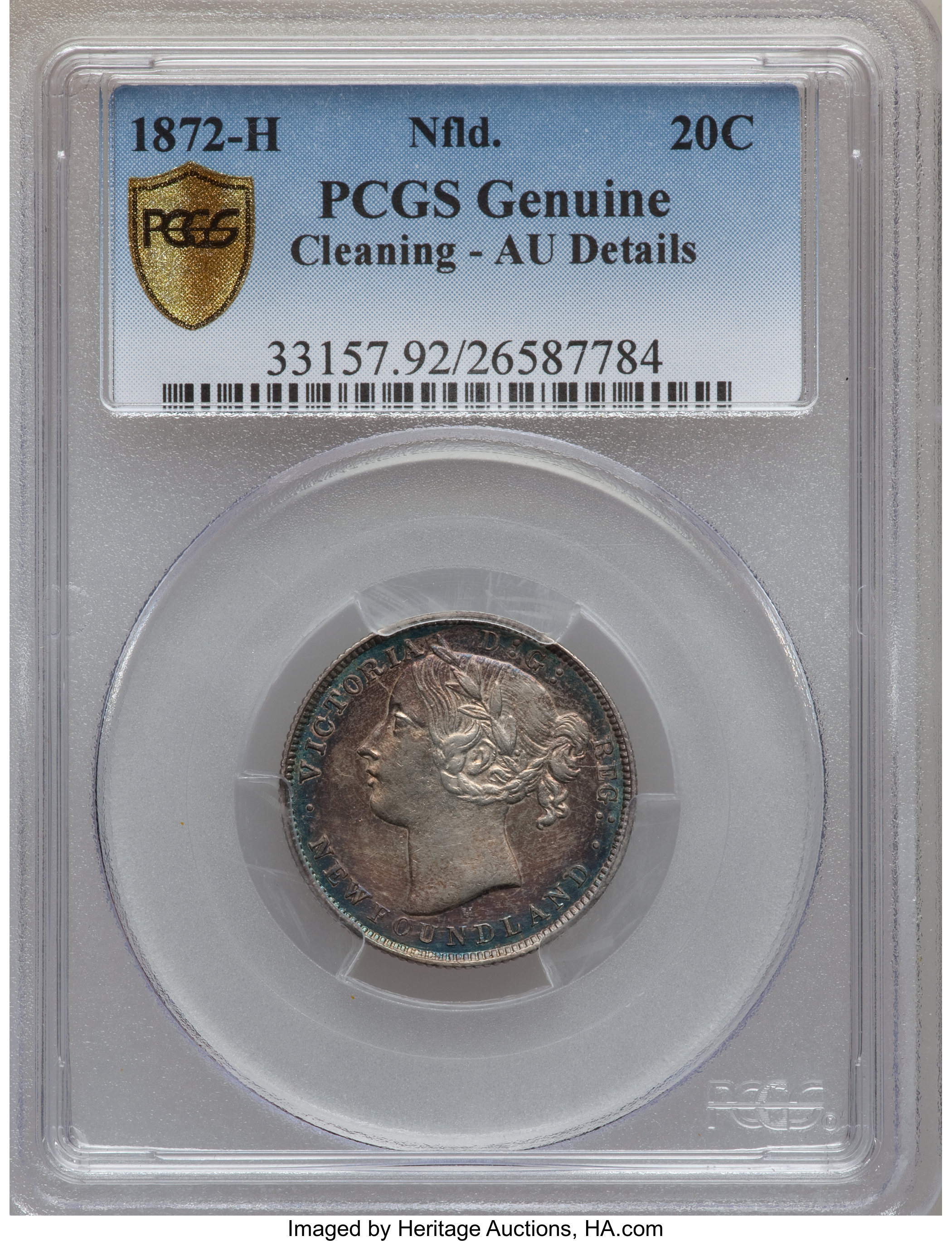 image for: Newfoundland. Victoria 20 Cents 1872-H AU Details (Cleaning) PCGS