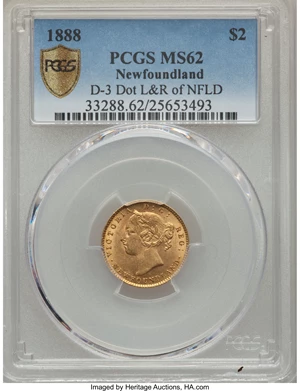 image for: Newfoundland. Victoria gold 2 Dollars 1888 MS62 PCGS