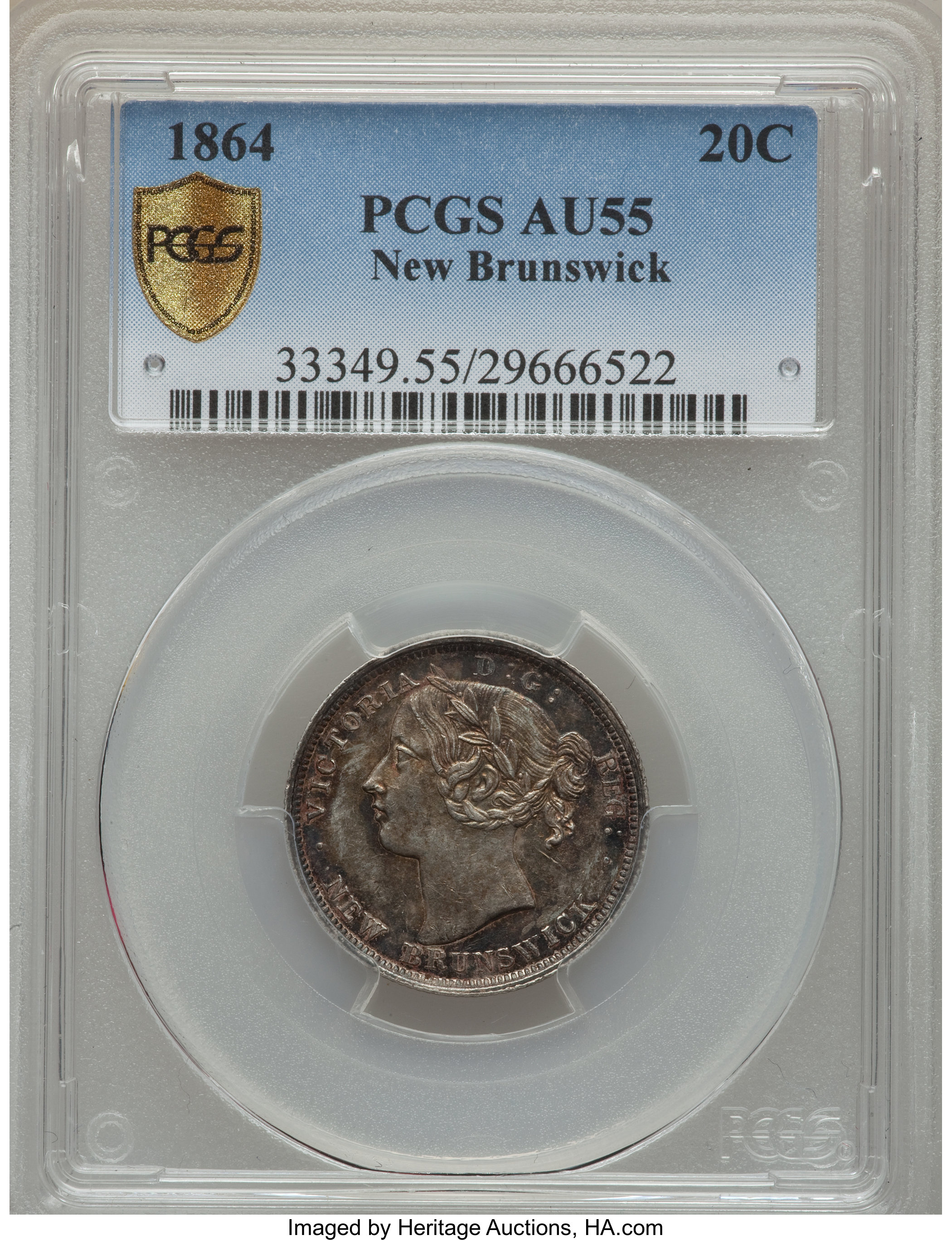 image for: New Brunswick. Victoria 20 Cents 1864 AU55 PCGS