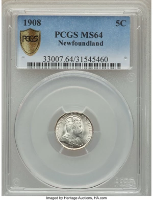image for: Newfoundland. Edward VII 5 Cents 1908 MS64 PCGS